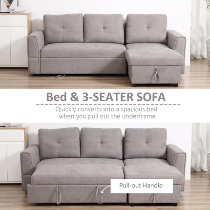 Linen-Look Reversible L-Shaped Sofa Bed with Storage - Grey