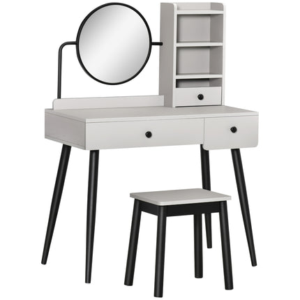 Dressing Table Set with Mirror, Stool, 3 Drawers & Shelves Vanity Makeup Table - Grey