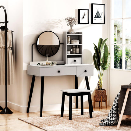 Dressing Table Set with Mirror, Stool, 3 Drawers & Shelves Vanity Makeup Table - Grey