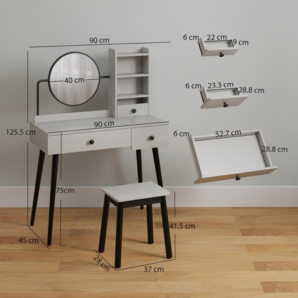Dressing Table Set with Mirror, Stool, 3 Drawers & Shelves Vanity Makeup Table - Grey