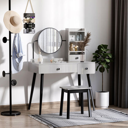 Dressing Table Set with Mirror, Stool, 3 Drawers & Shelves Vanity Makeup Table - Grey