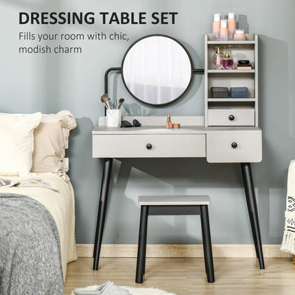 Dressing Table Set with Mirror, Stool, 3 Drawers & Shelves Vanity Makeup Table - Grey