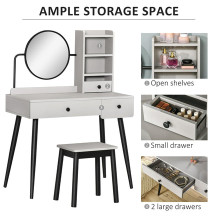 Dressing Table Set with Mirror, Stool, 3 Drawers & Shelves Vanity Makeup Table - Grey