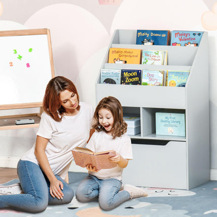3 Tier Kids Bookshelf with Storage Drawer and Wheels - Grey