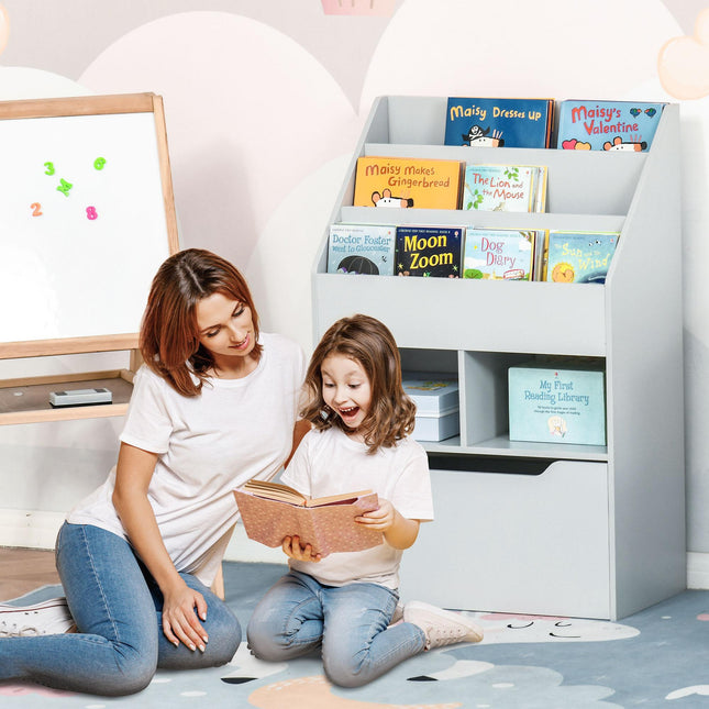 3 Tier Kids Bookshelf with Storage Drawer and Wheels - Grey