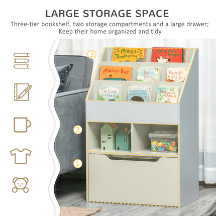 3 Tier Kids Bookshelf with Storage Drawer and Wheels - Grey