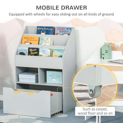 3 Tier Kids Bookshelf with Storage Drawer and Wheels - Grey