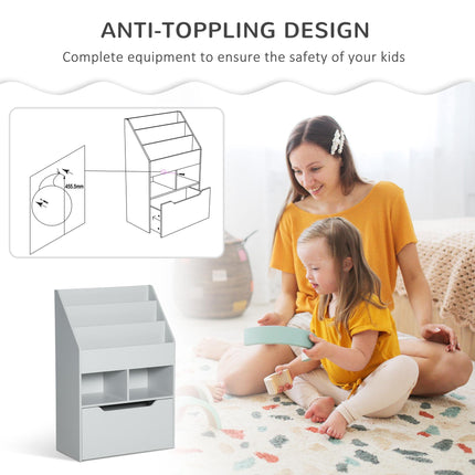 3 Tier Kids Bookshelf with Storage Drawer and Wheels - Grey