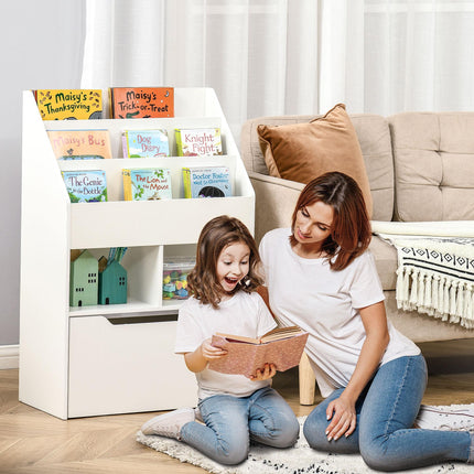 3 Tier Kids Bookshelf With Storage Drawer And Wheels - White