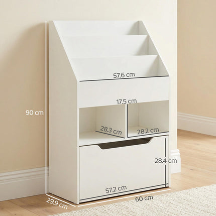 3 Tier Kids Bookshelf With Storage Drawer And Wheels - White