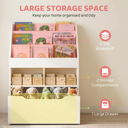 3 Tier Kids Bookshelf With Storage Drawer And Wheels - White