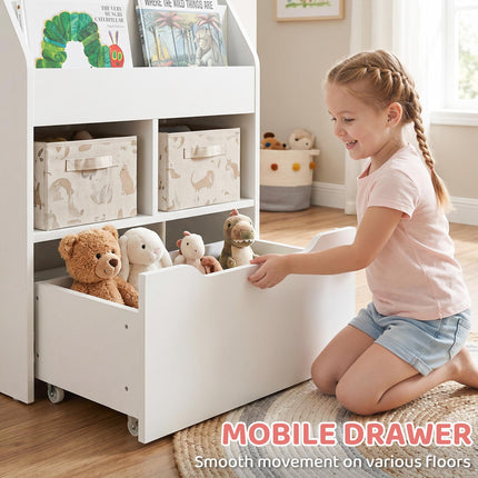 3 Tier Kids Bookshelf With Storage Drawer And Wheels - White