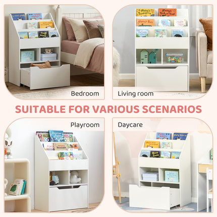 3 Tier Kids Bookshelf With Storage Drawer And Wheels - White