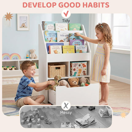 3 Tier Kids Bookshelf With Storage Drawer And Wheels - White