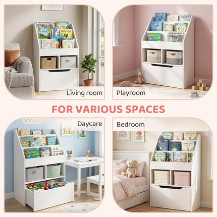 3 Tier Kids Bookshelf With Storage Drawer And Wheels - White