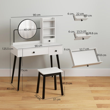 Dressing Table Set with Mirror, Stool, 3 Drawers & Shelves for Bedroom - White
