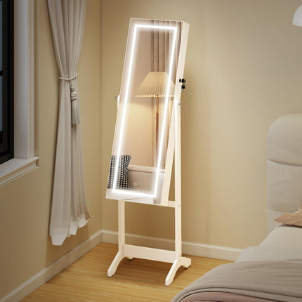 Lockable Jewellery Cabinet with LED Light and Full-Length Mirror for Bedroom Dressing Room - White