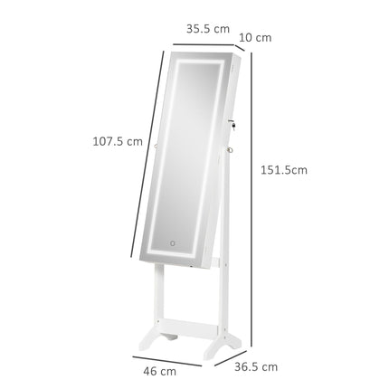 Lockable Jewellery Cabinet with LED Light and Full-Length Mirror for Bedroom Dressing Room - White