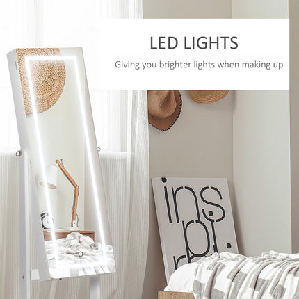 Lockable Jewellery Cabinet with LED Light and Full-Length Mirror for Bedroom Dressing Room - White