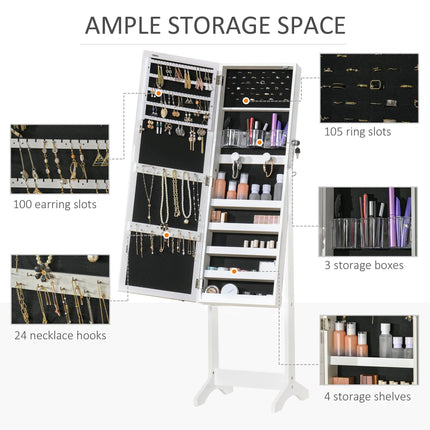 Lockable Jewellery Cabinet with LED Light and Full-Length Mirror for Bedroom Dressing Room - White