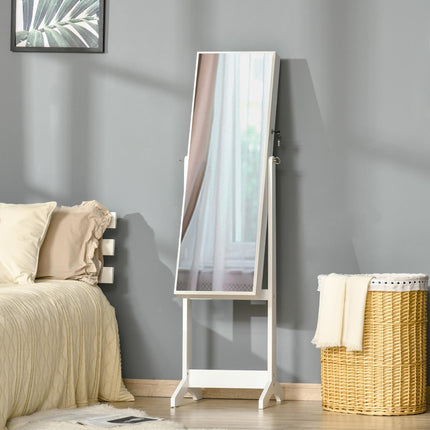 Lockable Jewellery Cabinet with Adjustable Full-Length Mirror and Organiser for Bedroom Dressing Room - White