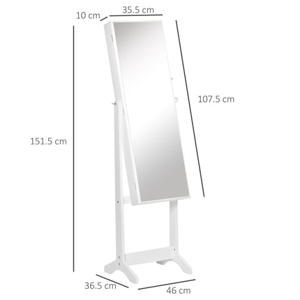 Lockable Jewellery Cabinet with Adjustable Full-Length Mirror and Organiser for Bedroom Dressing Room - White