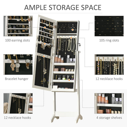 Lockable Jewellery Cabinet with Adjustable Full-Length Mirror and Organiser for Bedroom Dressing Room - White