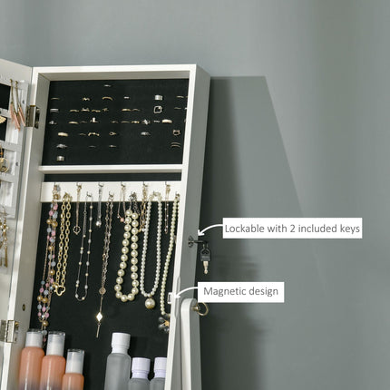 Lockable Jewellery Cabinet with Adjustable Full-Length Mirror and Organiser for Bedroom Dressing Room - White
