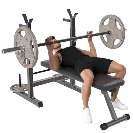Adjustable Foldable Weight Bench with Barbell Rack & Dip Station for Home Gym - Black and Grey
