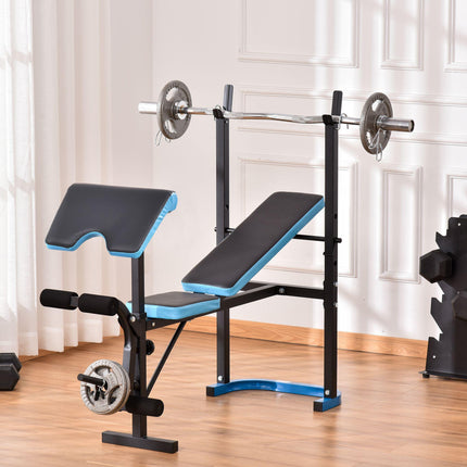 Adjustable Weight Bench with Leg Developer and Barbell Rack for Strength Training - Black Blue