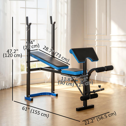 Adjustable Weight Bench with Leg Developer and Barbell Rack for Strength Training - Black Blue