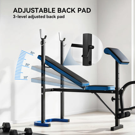 Adjustable Weight Bench with Leg Developer and Barbell Rack for Strength Training - Black Blue
