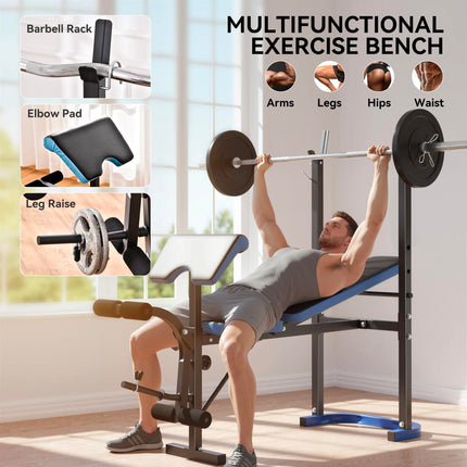 Adjustable Weight Bench with Leg Developer and Barbell Rack for Strength Training - Black Blue