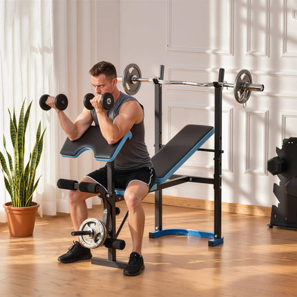 Adjustable Weight Bench with Leg Developer and Barbell Rack for Strength Training - Black Blue