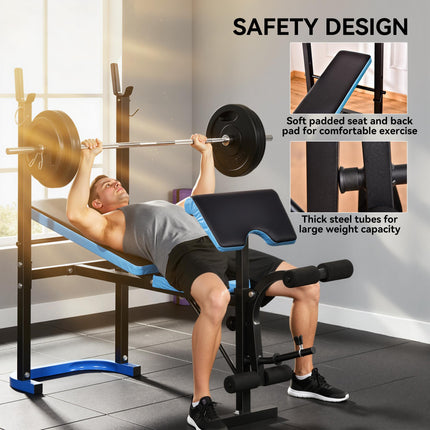 Adjustable Weight Bench with Leg Developer and Barbell Rack for Strength Training - Black Blue