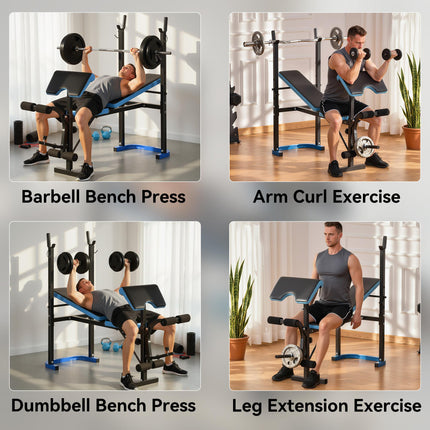 Adjustable Weight Bench with Leg Developer and Barbell Rack for Strength Training - Black Blue