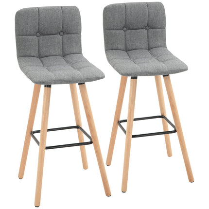 Set of 2 Armless Button-Tufted Counter Height Bar Stools with Wood Legs & Footrest - Grey