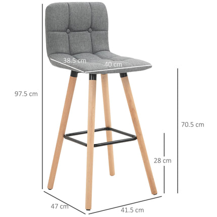 Set of 2 Armless Button-Tufted Counter Height Bar Stools with Wood Legs & Footrest - Grey