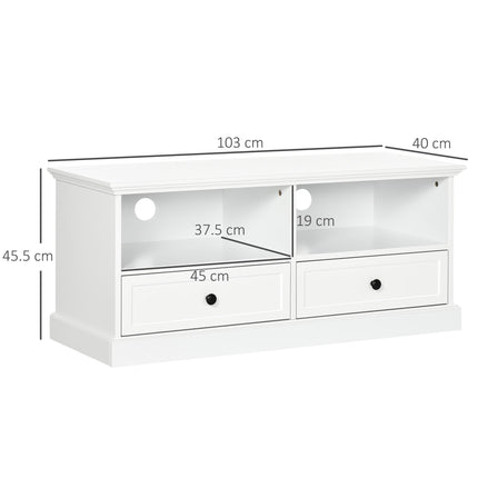 Modern TV Unit Cabinet for TVs up to 45" with Drawers, Open Shelves & Cable Holes - White