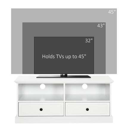 Modern TV Unit Cabinet for TVs up to 45" with Drawers, Open Shelves & Cable Holes - White