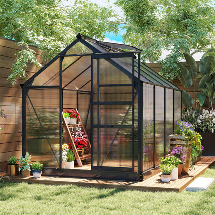 6x8ft Polycarbonate Greenhouse with Aluminium Frame and Sliding Door - Grey