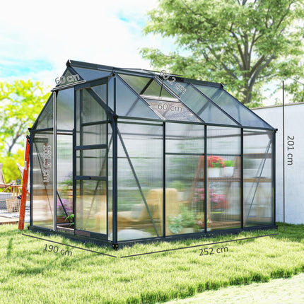 6x8ft Polycarbonate Greenhouse with Aluminium Frame and Sliding Door - Grey