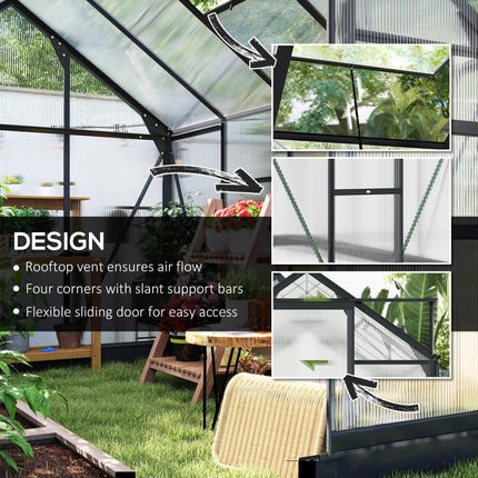 6x8ft Polycarbonate Greenhouse with Aluminium Frame and Sliding Door - Grey