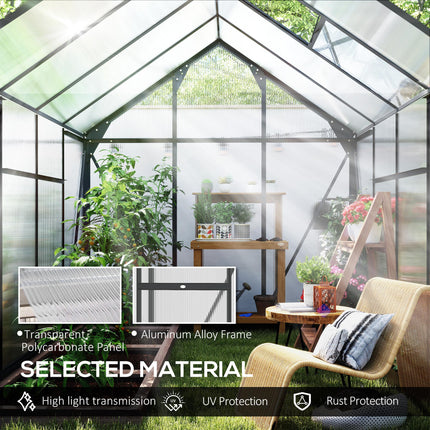 6x8ft Polycarbonate Greenhouse with Aluminium Frame and Sliding Door - Grey