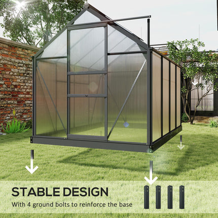 6x8ft Polycarbonate Greenhouse with Aluminium Frame and Sliding Door - Grey