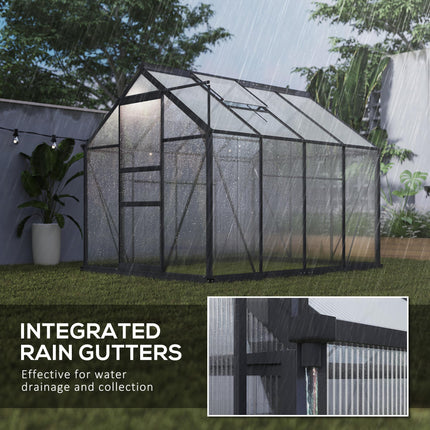 6x8ft Polycarbonate Greenhouse with Aluminium Frame and Sliding Door - Grey