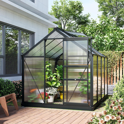 6x8ft Polycarbonate Greenhouse with Aluminium Frame and Sliding Door - Grey