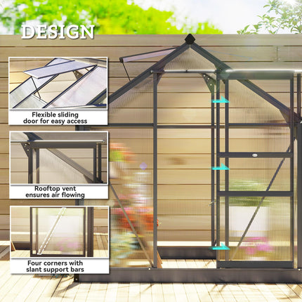 6 x 6 ft Aluminium Frame Greenhouse with Sliding Door & Window - Grey