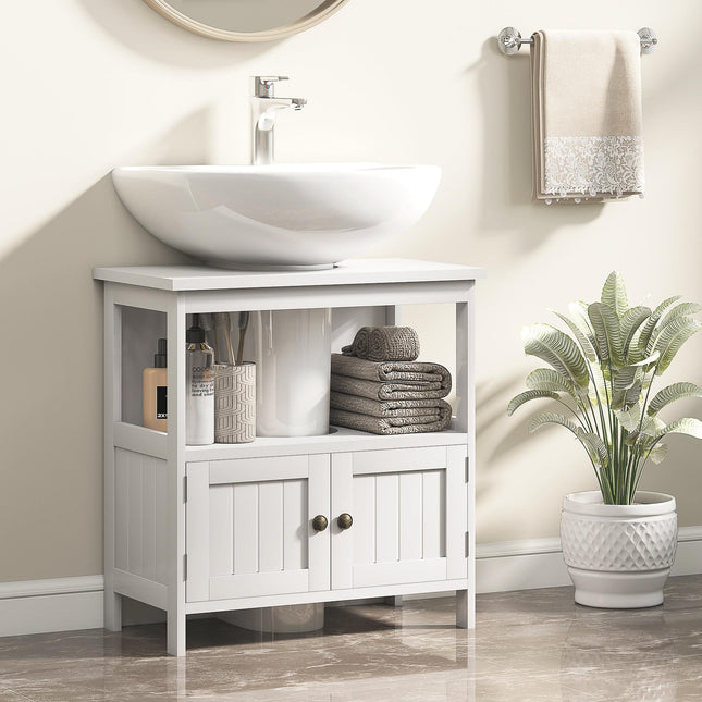 Modern Bathroom Vanity Storage Cabinet with Double Doors and U-Shape Cut-Out - White