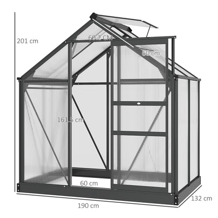 6ft x 4ft Aluminium Frame Greenhouse with Polycarbonate Panels and Sliding Door - Grey